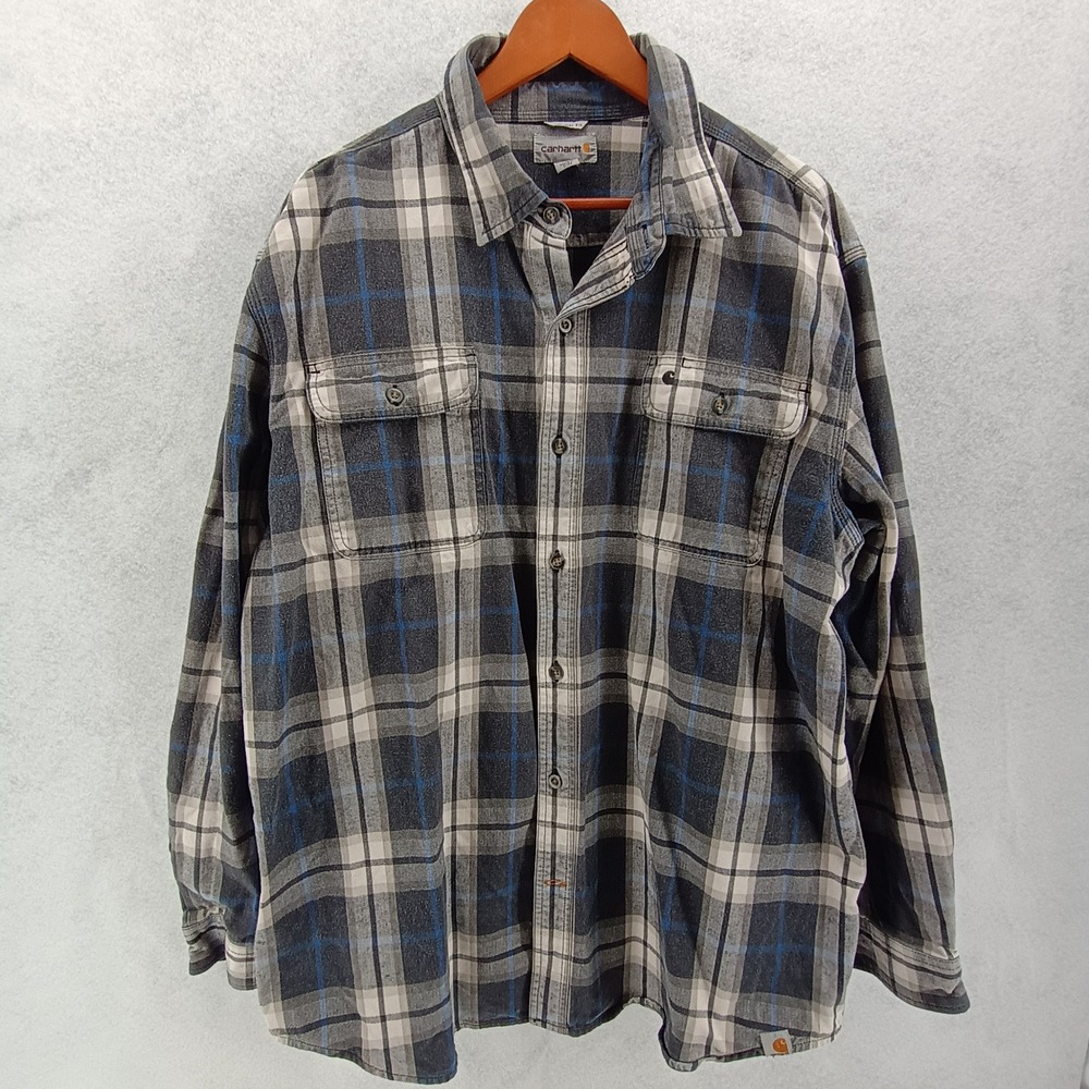 Carhartt Mens Flannel Shirt Original Fit Plaid Cotton Grey Blue Long Sleeve 2XL
